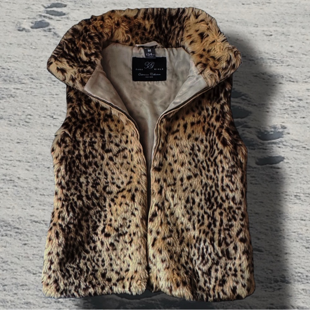 Zara Girls Leopard Faux Fur Vest Size M 134cm Plush Zip Front